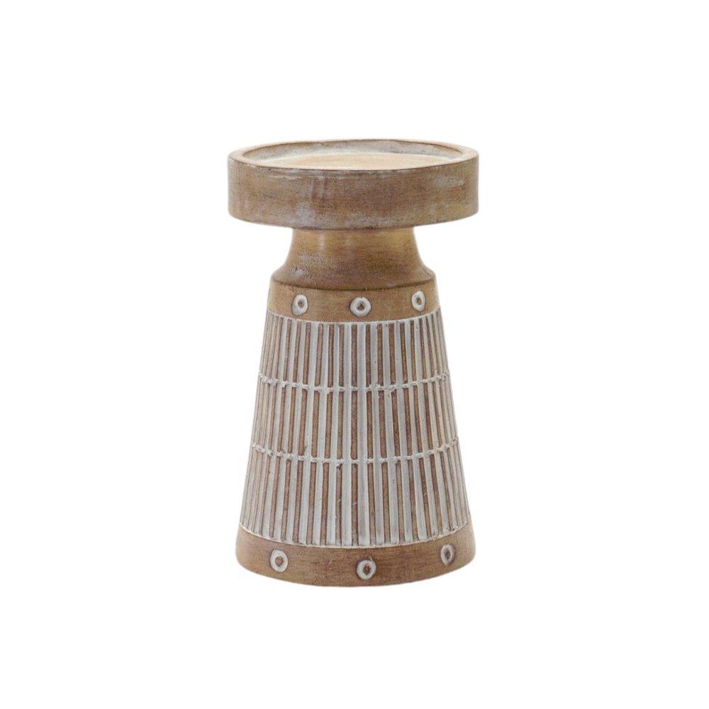 Set of Three Natural And White Distressed Geometric Polyresin Tabletop Pillar Candle Holders