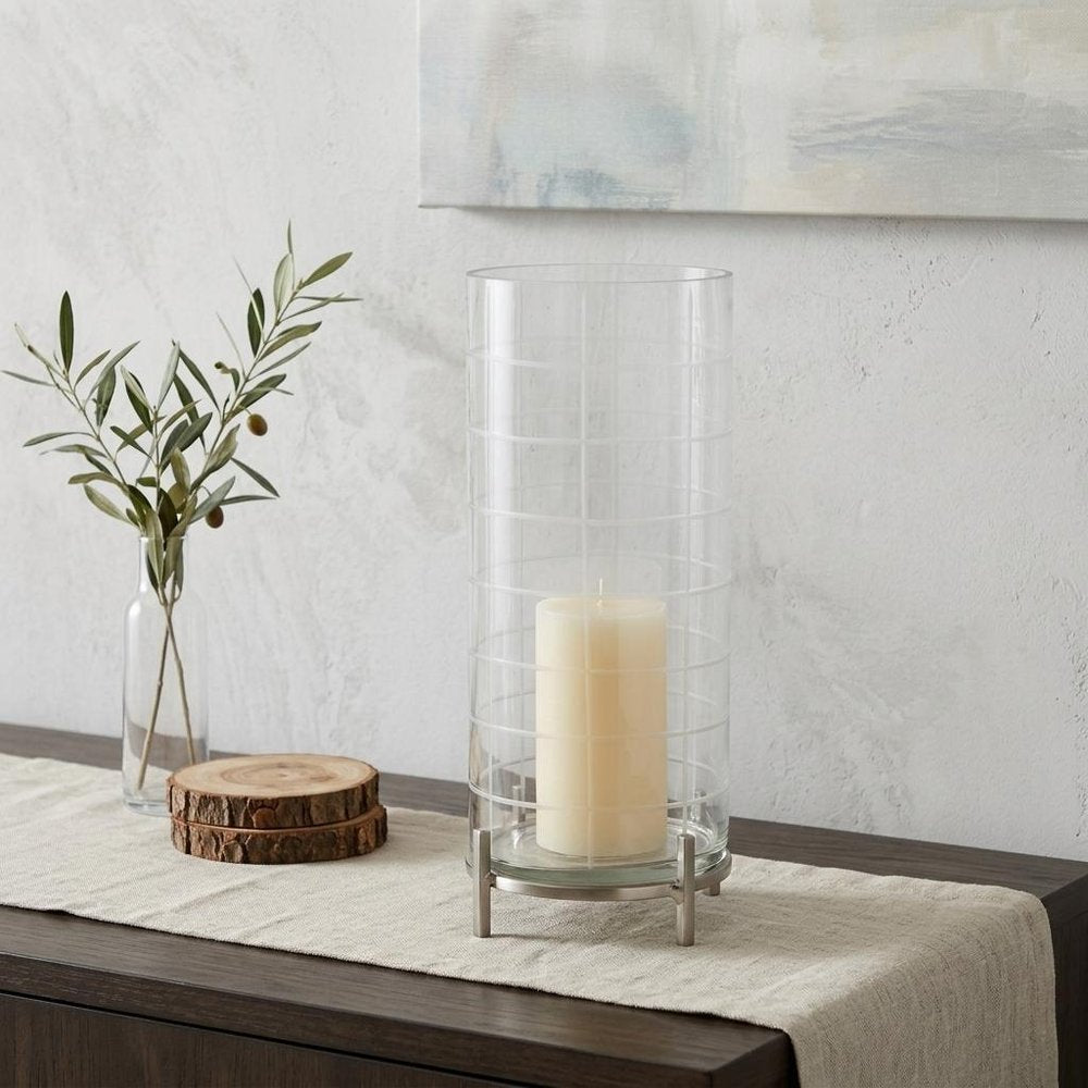 12" Silver And Clear Geometric Iron And Glass Tabletop Hurricane Candle Holder