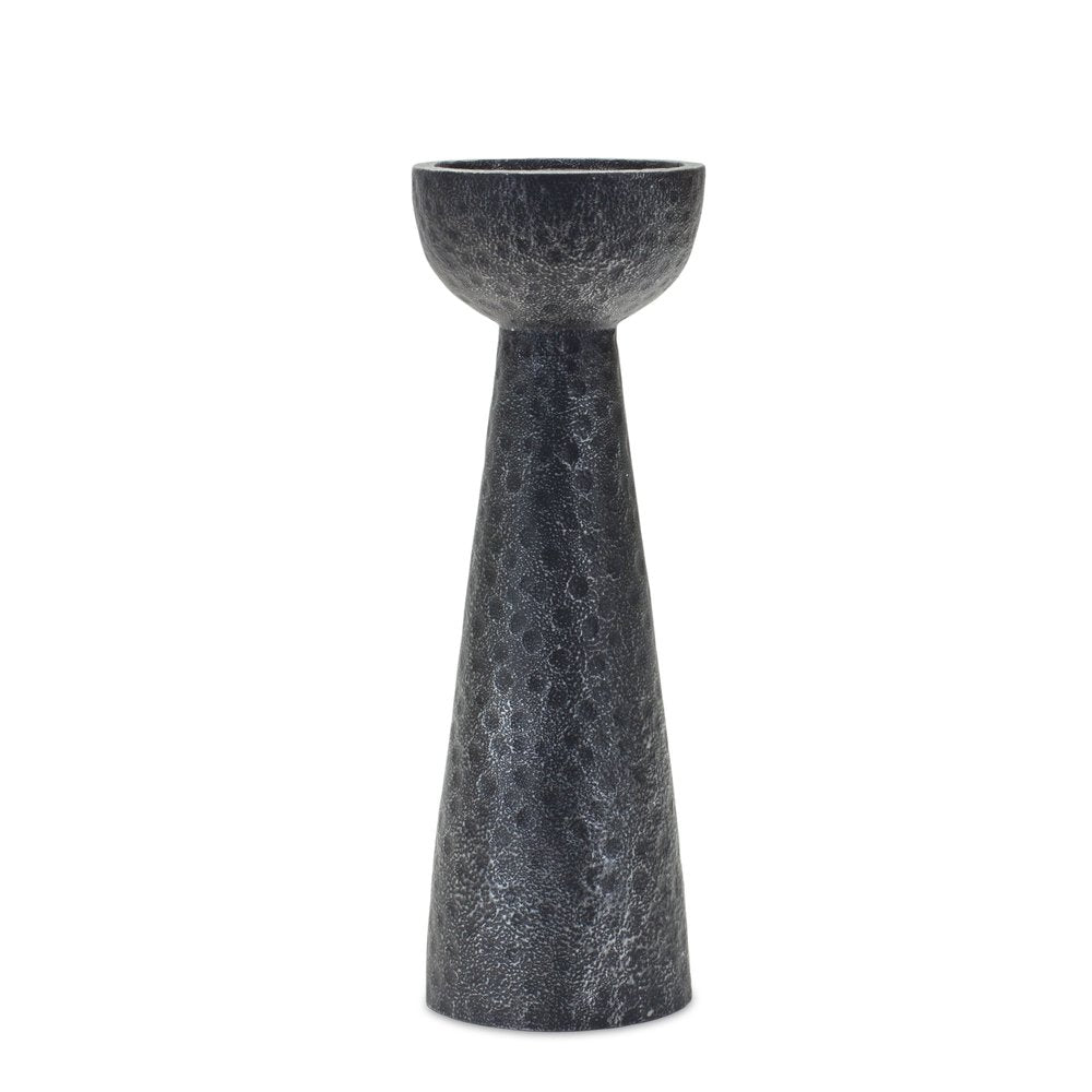 Set of Two Black Distressed Hammered Polyresin Tabletop Pillar Candle Holders