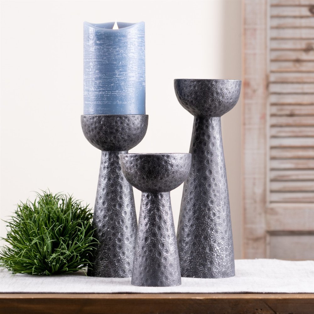 Set of Two Black Distressed Hammered Polyresin Tabletop Pillar Candle Holders