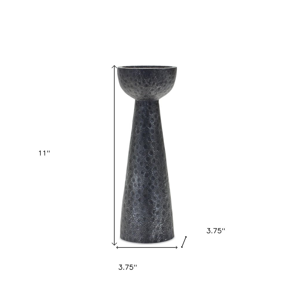 Set of Two Black Distressed Hammered Polyresin Tabletop Pillar Candle Holders