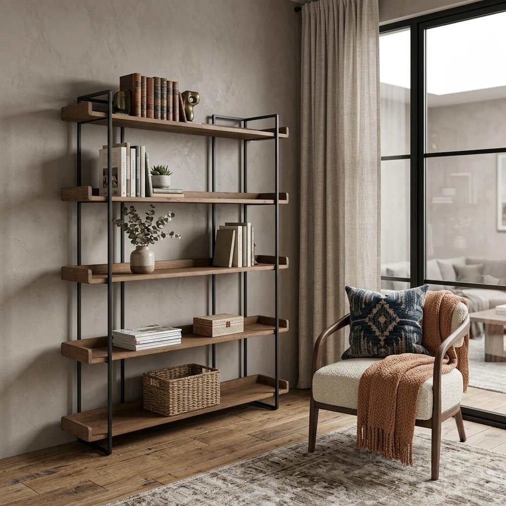 76" Brown and Black Metal and Wood Five Tier Bookcase
