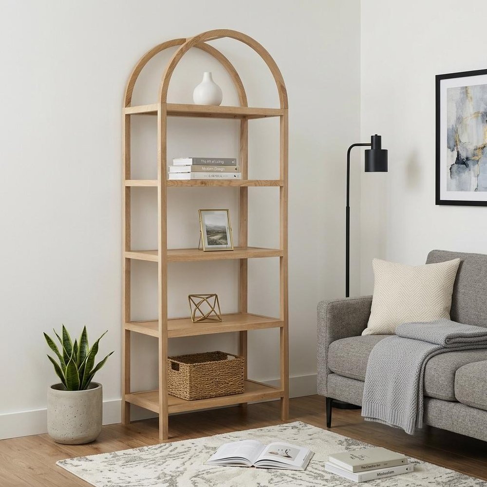 80" Natural Wood Five Tier Arched Top Bookcase