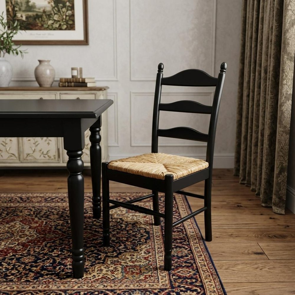 Straw And Black Wood Ladder Back Dining Side Chair