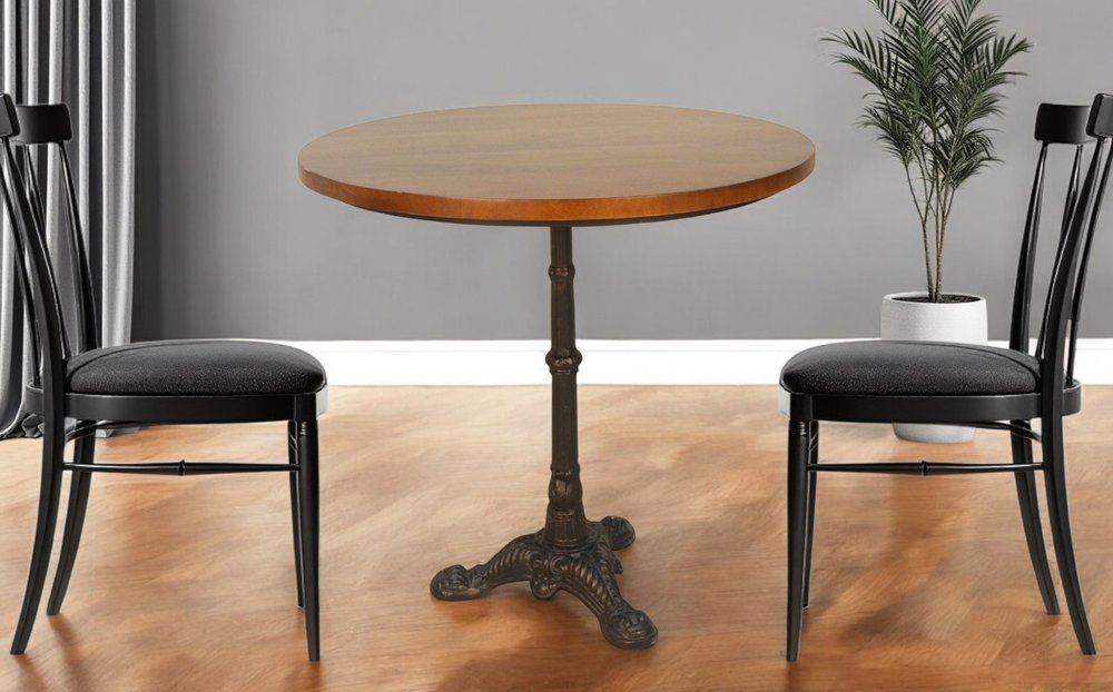 30" Chestnut And Black Rounded Solid Wood And Iron Pedestal Base Dining Table