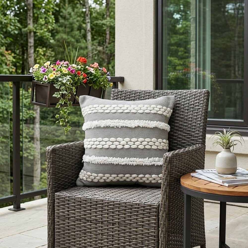 20" Gray and White Geometric Indoor Outdoor Throw Pillow With Texture