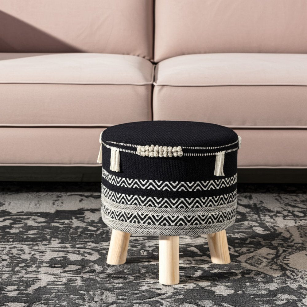 16" Black And White Cotton And Natural Round Chevron Ottoman