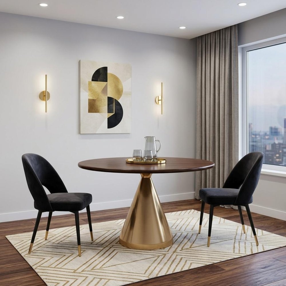 48" Brown And Gold Rounded Solid Wood And Iron Pedestal Base Dining Table