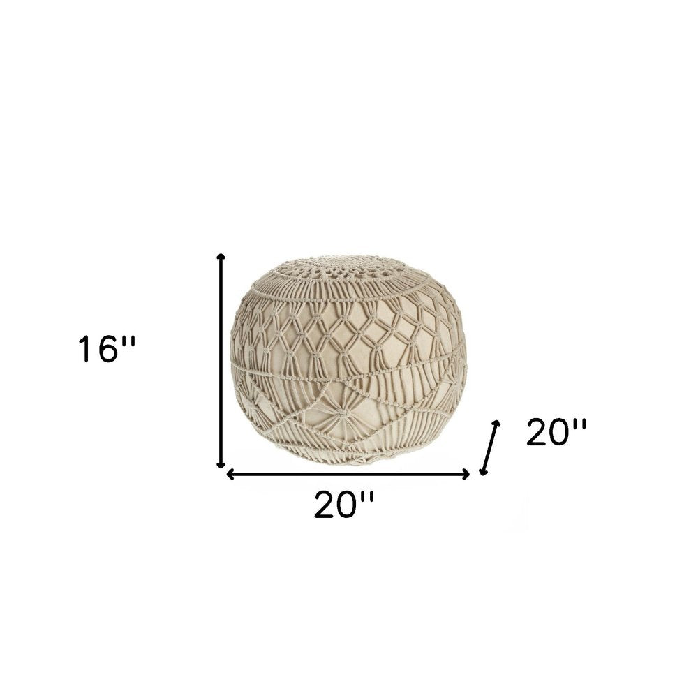 20" Cream Cotton Tufted Round Geometric Pouf Ottoman
