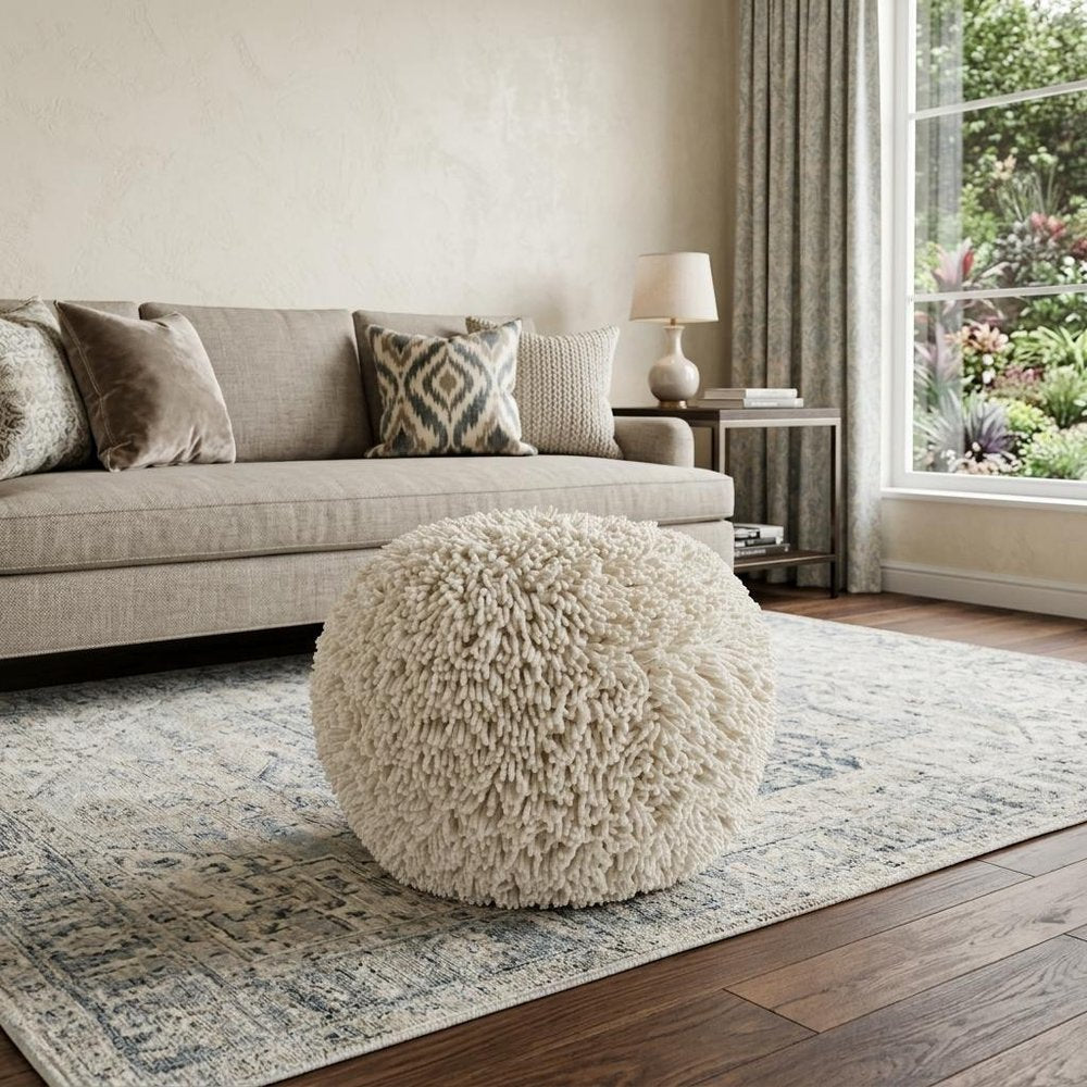 20" Cream Cotton Tufted Geometric Round Pouf Ottoman