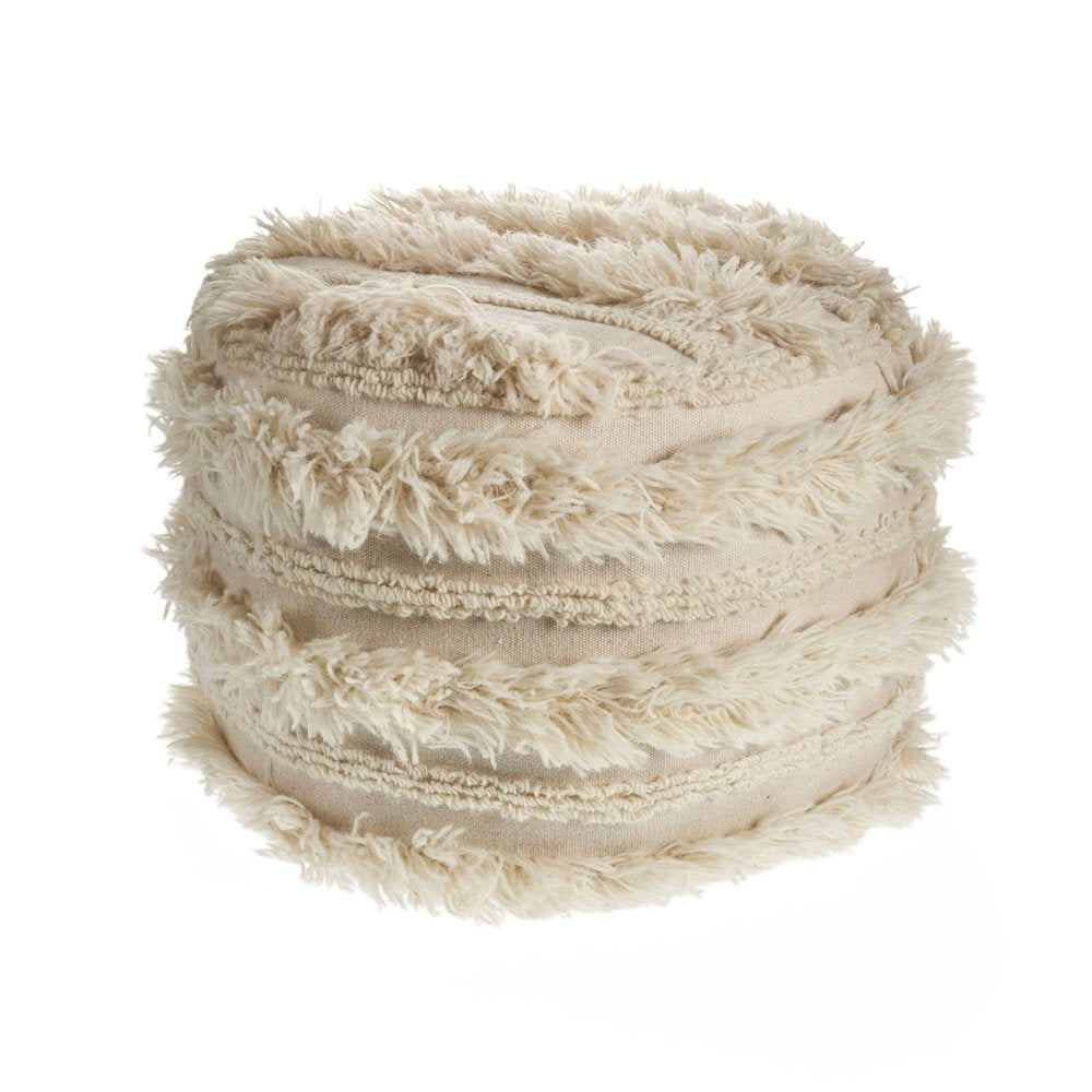 18" Ivory Cotton Round Striped Pouf Ottoman