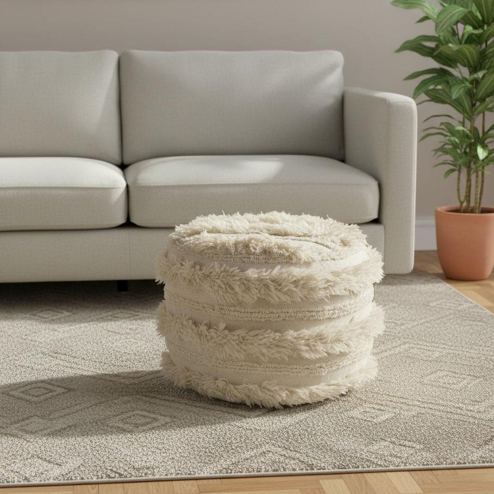 18" Ivory Cotton Striped Round Pouf Ottoman