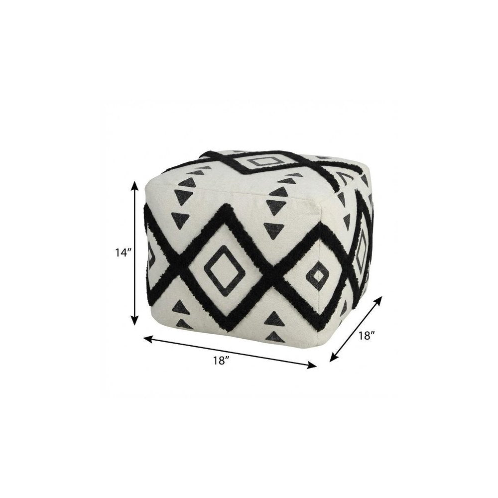 18" White Cotton Geometric Pouf Ottoman