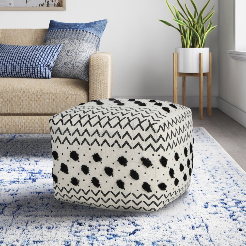 18" White Cotton Chevron Pouf Ottoman