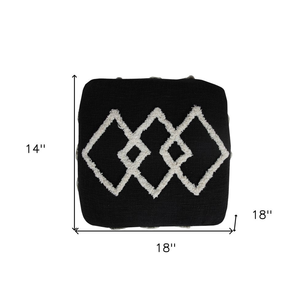 18" Black Cotton Geometric Pouf Ottoman