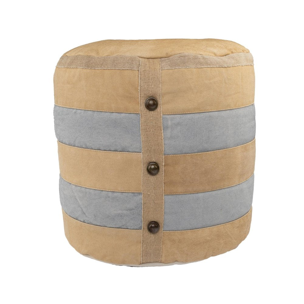 16" Tan Cotton Striped Cylinder Pouf Ottoman