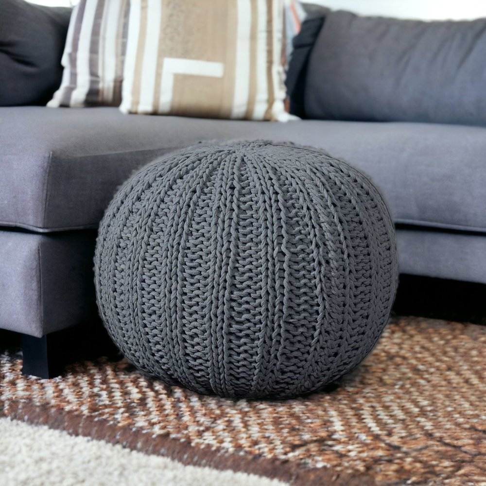 20" Beige Cotton Round Pouf Ottoman