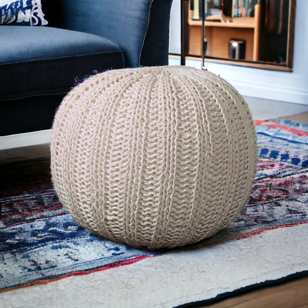 20" Beige Cotton Round Pouf Ottoman