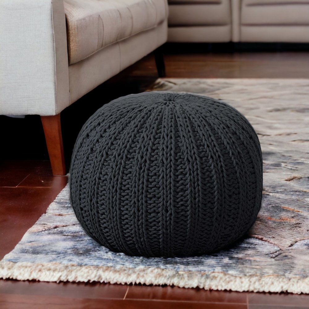 20" Beige Cotton Round Pouf Ottoman
