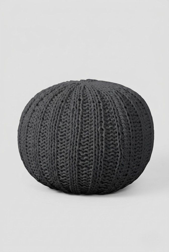20" Black Cotton Round Pouf Ottoman