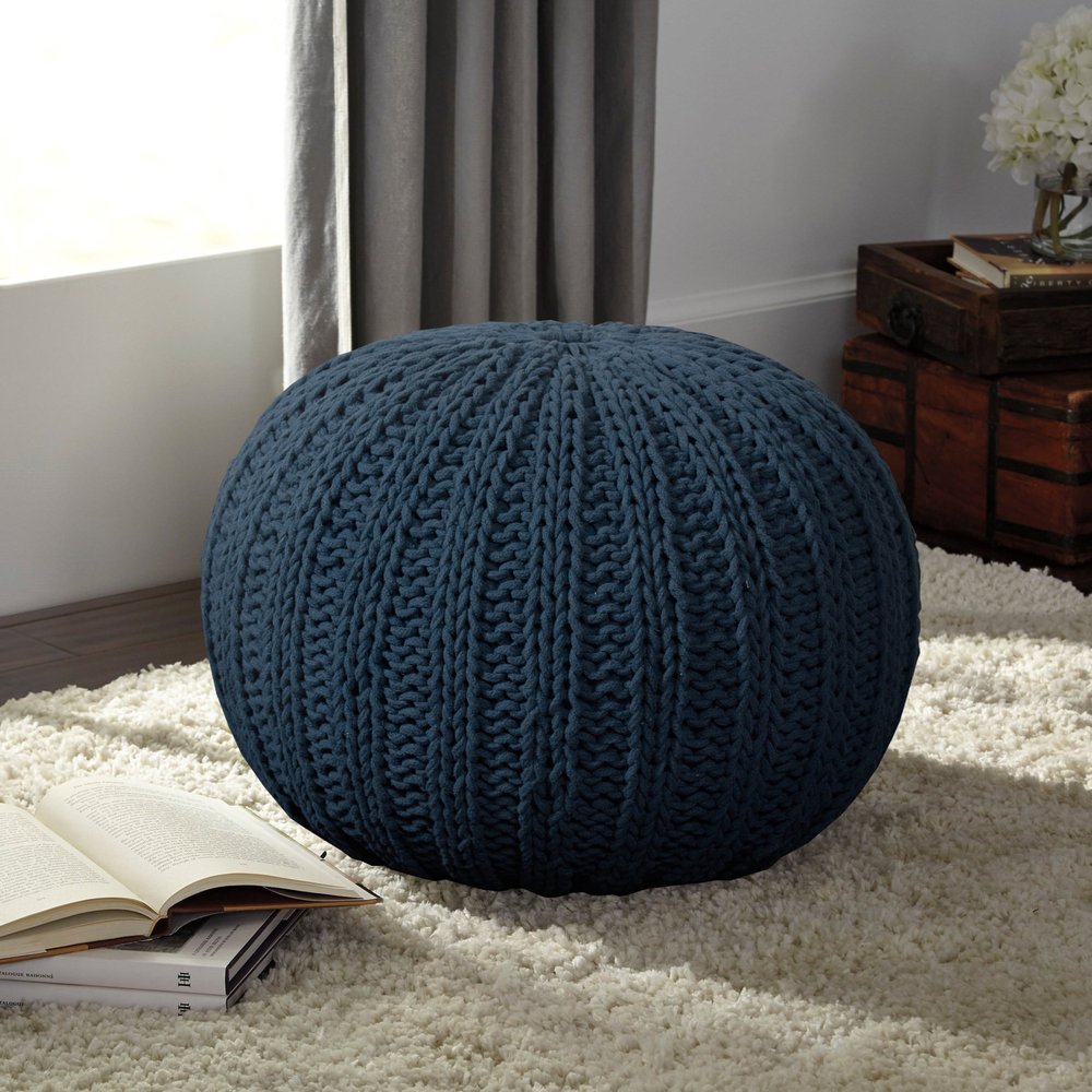 20" Beige Cotton Round Pouf Ottoman