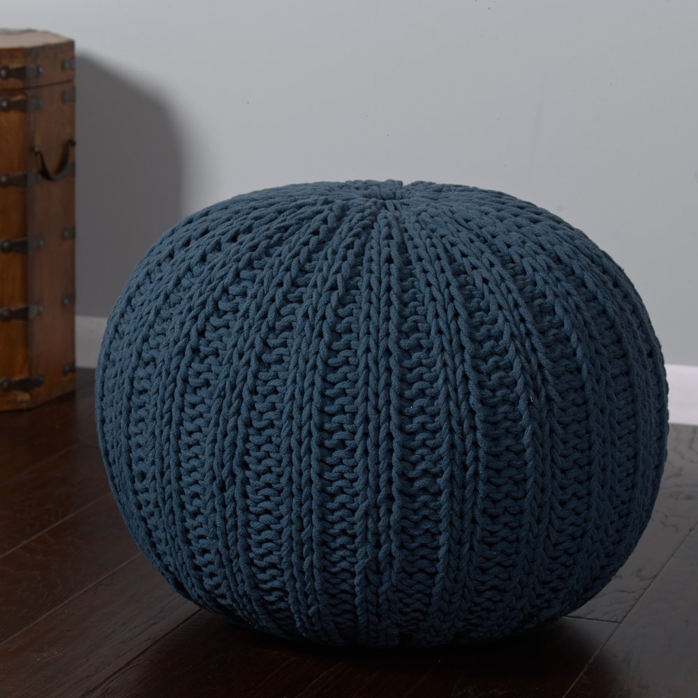 20" Beige Cotton Round Pouf Ottoman