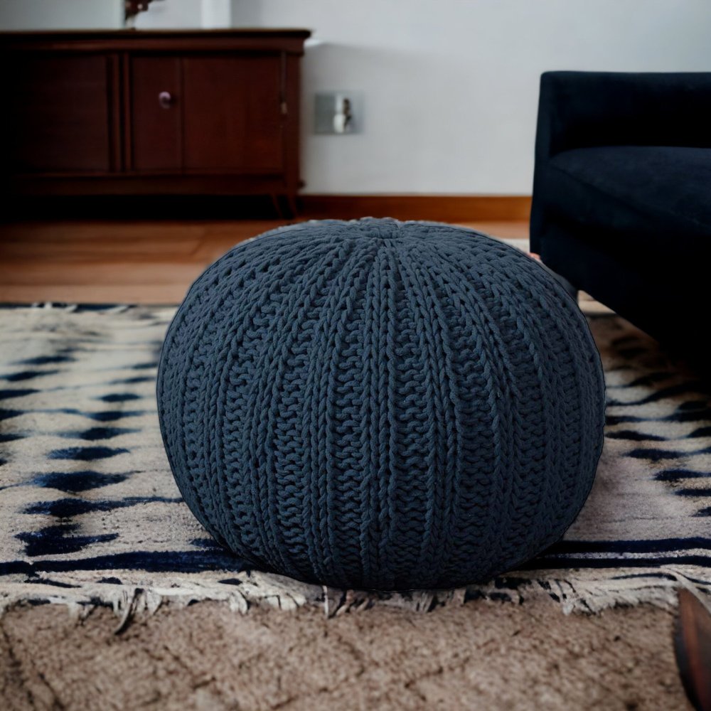 20" Beige Cotton Round Pouf Ottoman