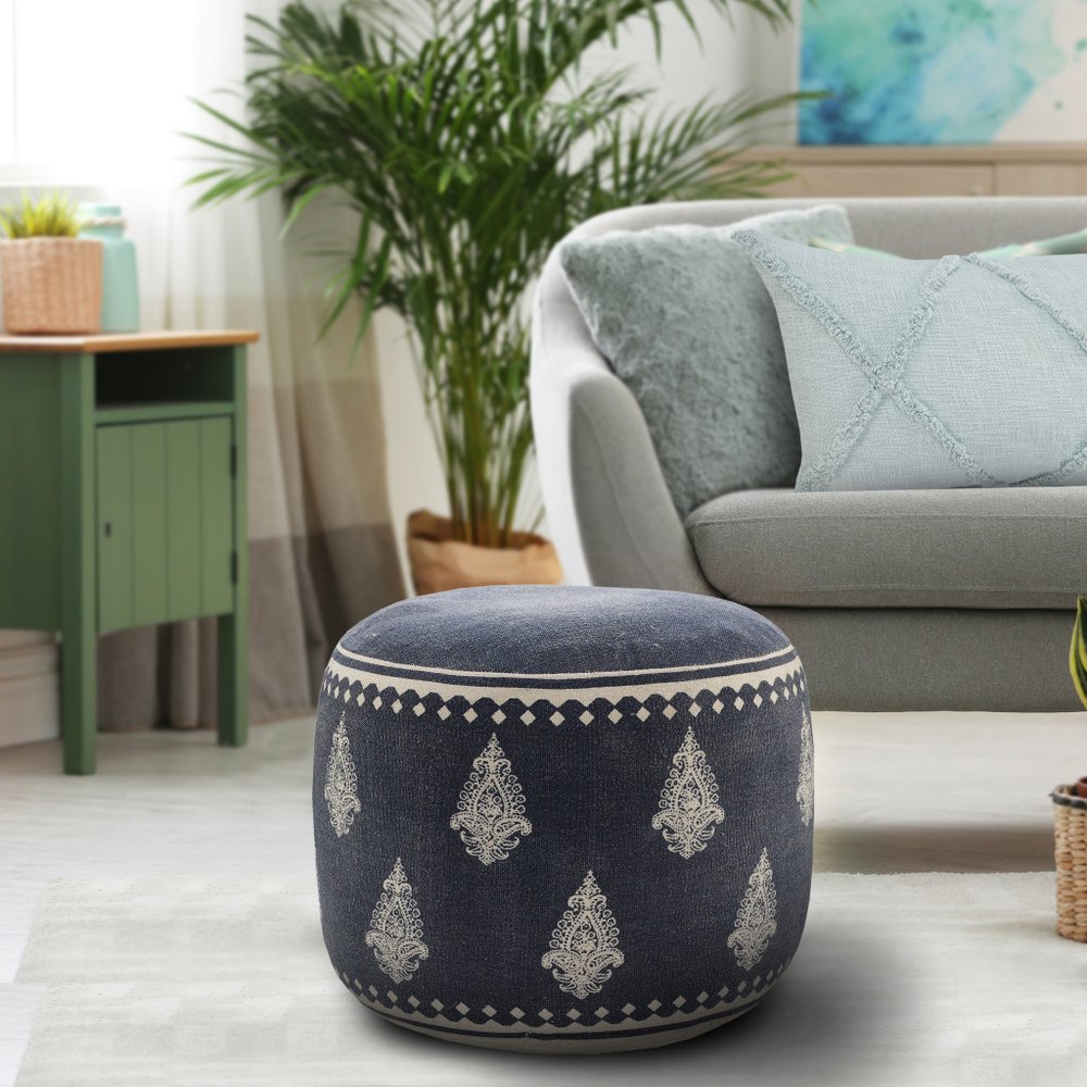18" Blue Cotton Cylinder Paisley Pouf Ottoman