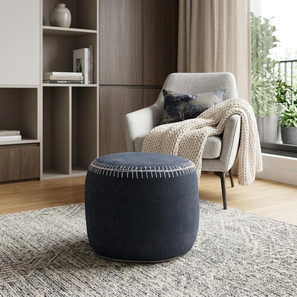 18" Blue Cotton Cylinder Striped Pouf Ottoman