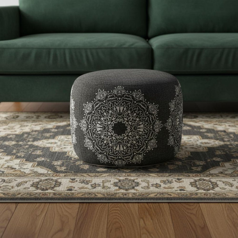 18" Black Cotton Medallion Cylinder Pouf Ottoman