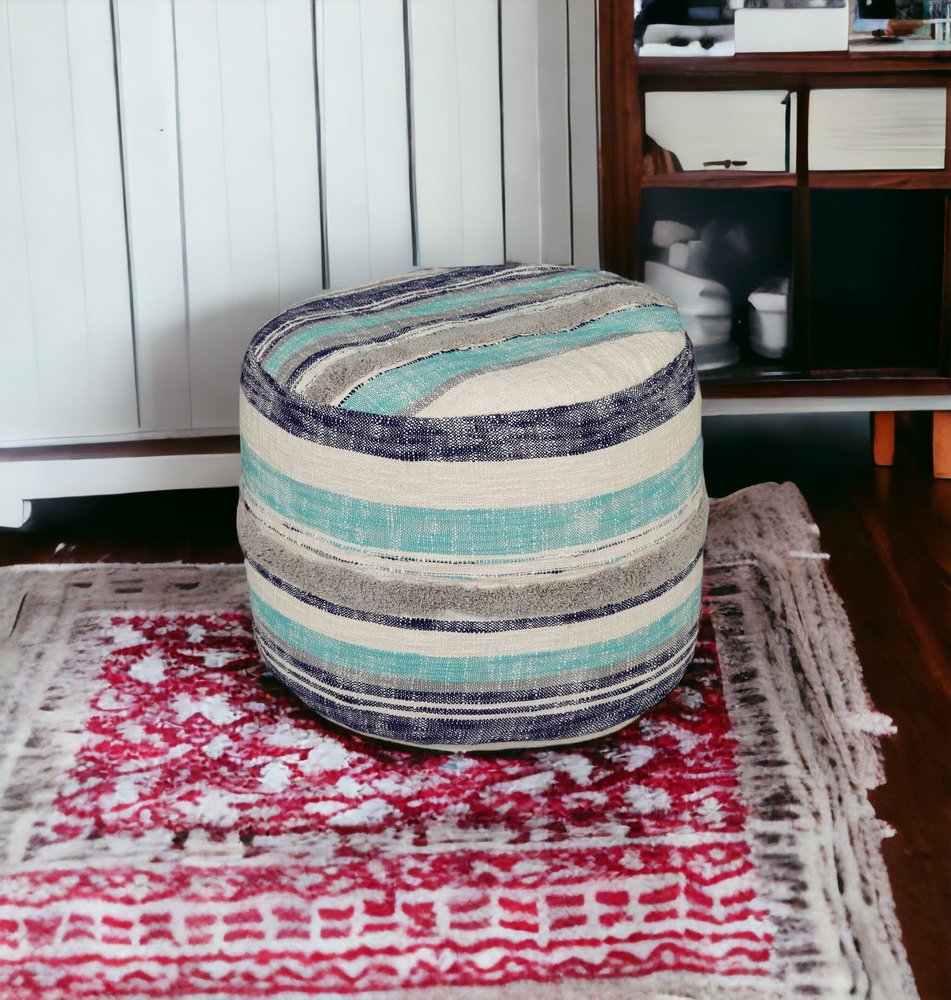 18" Blue Cotton Cylinder Striped Pouf Ottoman