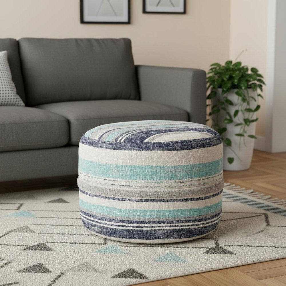 18" Blue Cotton Striped Cylinder Pouf Ottoman