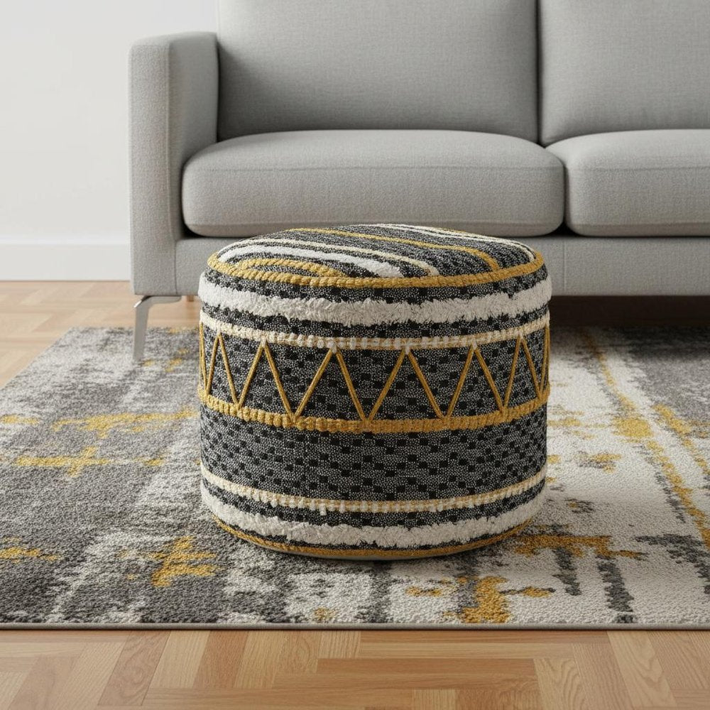 18" Black Cotton Cylinder Striped Pouf Ottoman