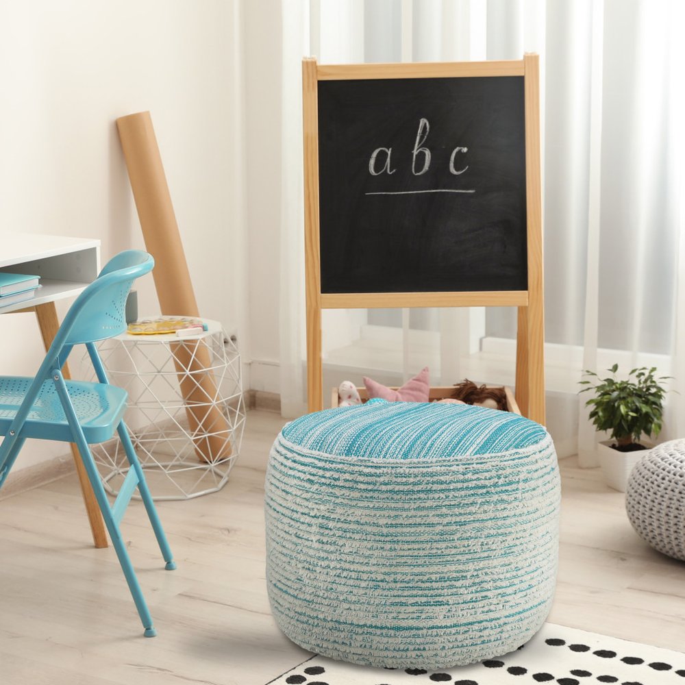 18" Pink Fabric Cylinder Striped Pouf Ottoman
