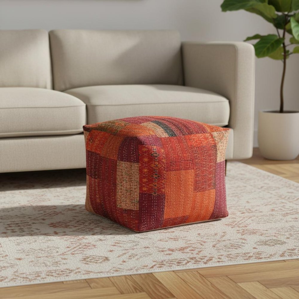 48" Cream Cotton Patchwork Pouf Ottoman