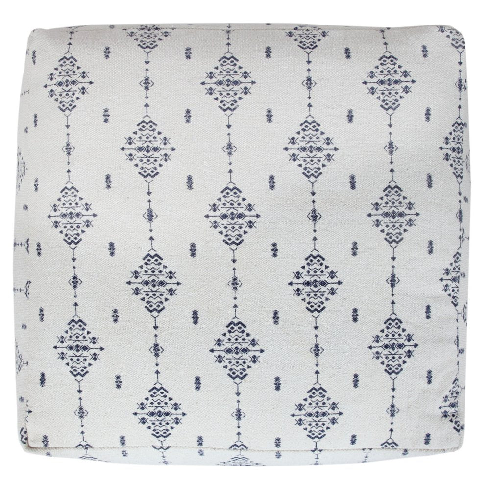 18" Natural And Navy Blue Cotton Medallion Pouf Ottoman