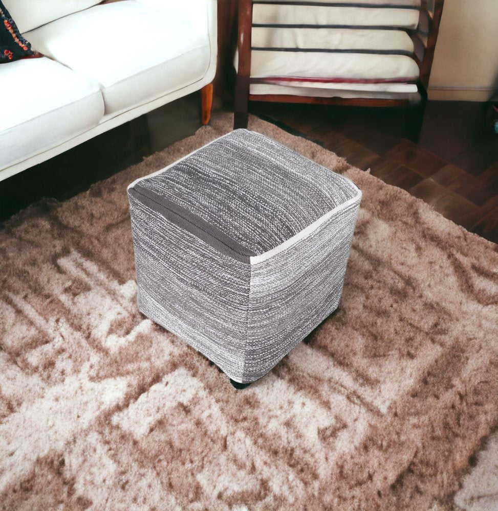 16" Gray Cotton Striped Pouf Ottoman