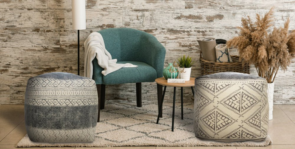 20" Cream Cotton Tribal Pouf Ottoman