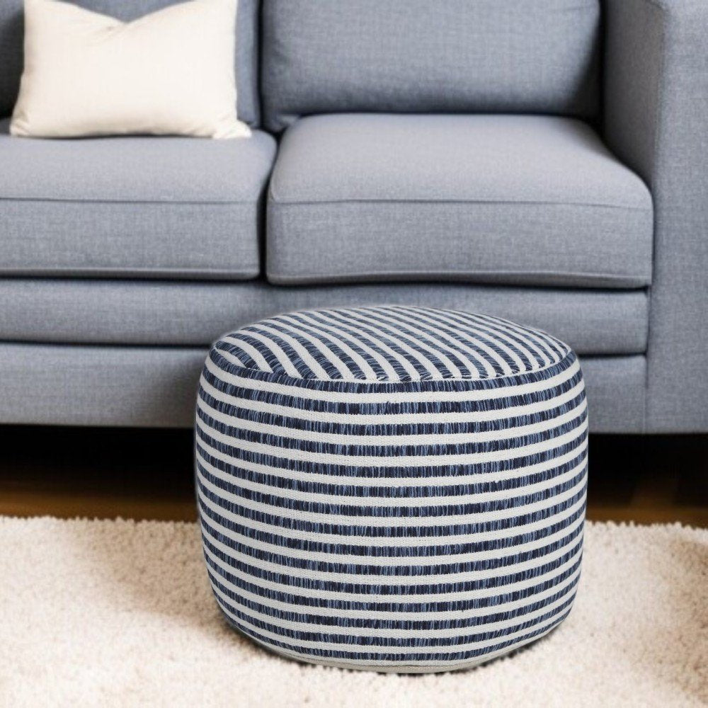 18" Blue Cotton Cylinder Striped Pouf Ottoman