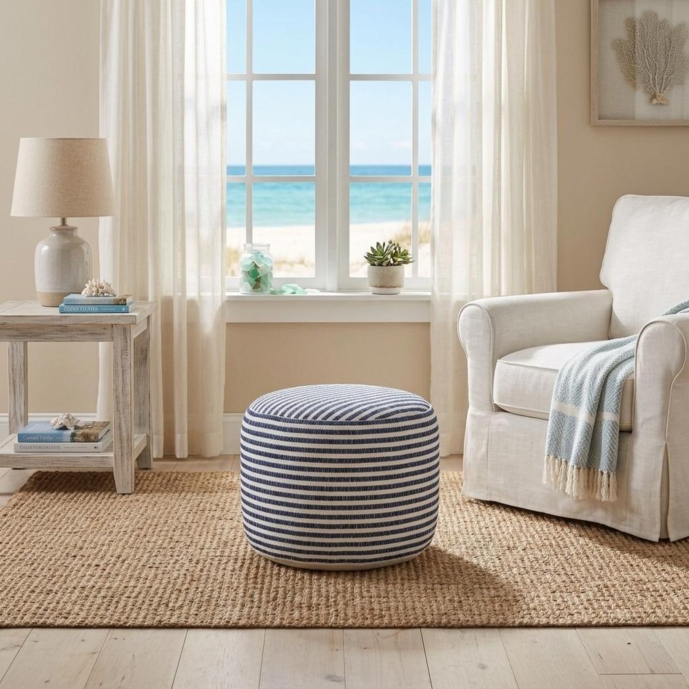 18" Blue and White Cotton Striped Cylinder Pouf Ottoman
