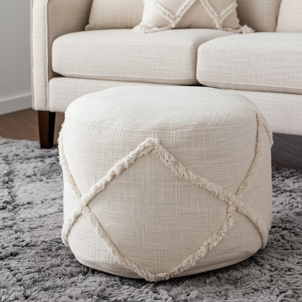 18" Brown Cotton Cylinder Geometric Pouf Ottoman