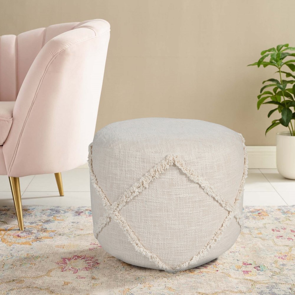 18" Brown Cotton Cylinder Geometric Pouf Ottoman