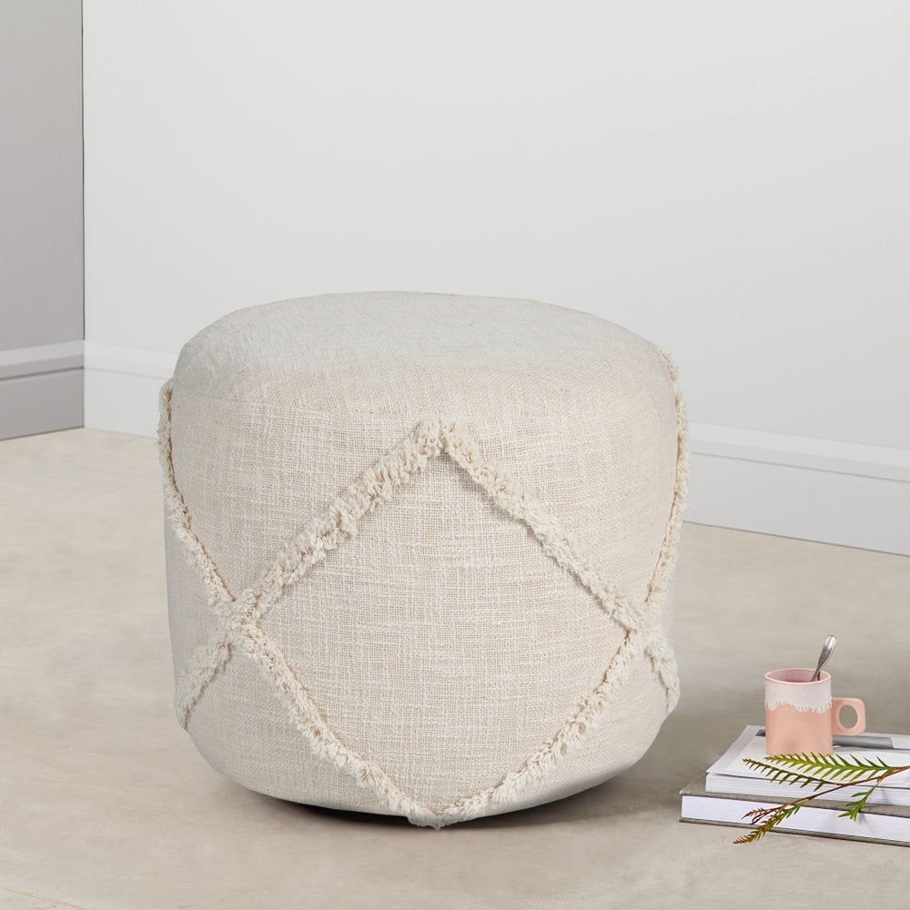 18" Brown Cotton Cylinder Geometric Pouf Ottoman