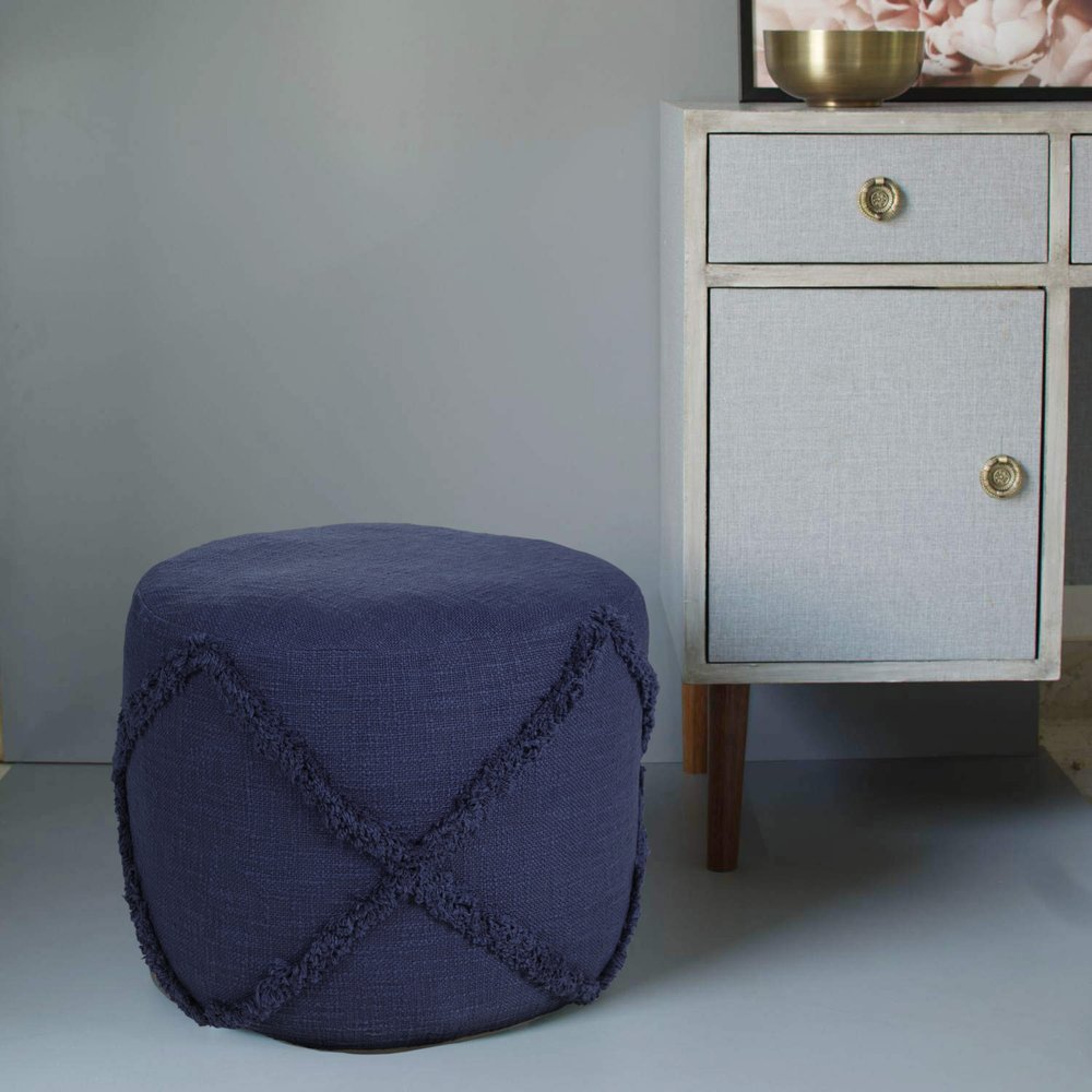 18" Brown Cotton Cylinder Geometric Pouf Ottoman