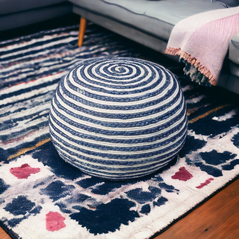 20" Gray Cotton Blend Round Striped Pouf Ottoman