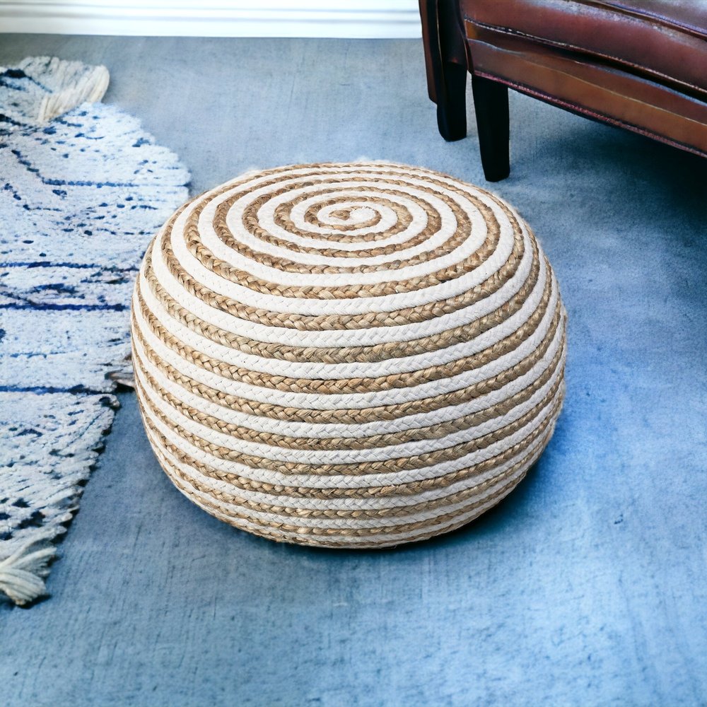 20" Gray Cotton Blend Round Striped Pouf Ottoman