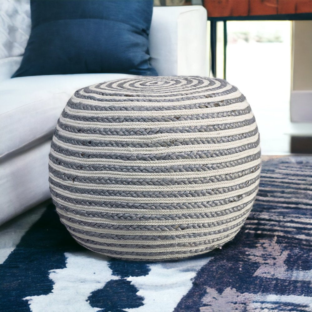 20" Gray Cotton Blend Round Striped Pouf Ottoman