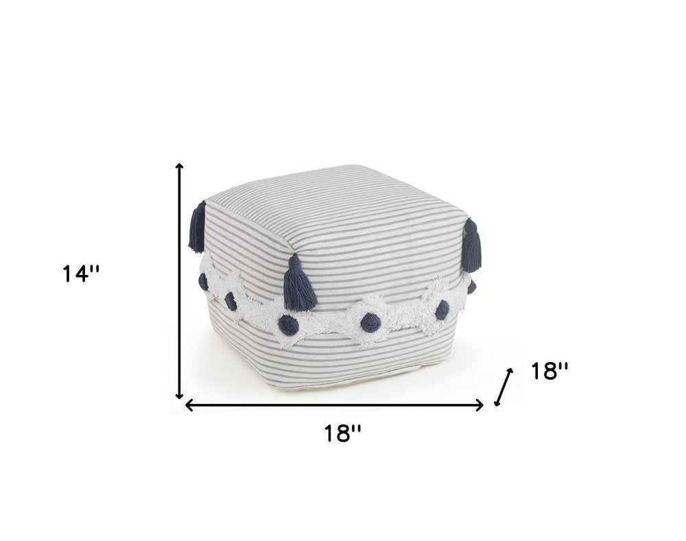 18" Gray Cotton Striped Pouf Ottoman