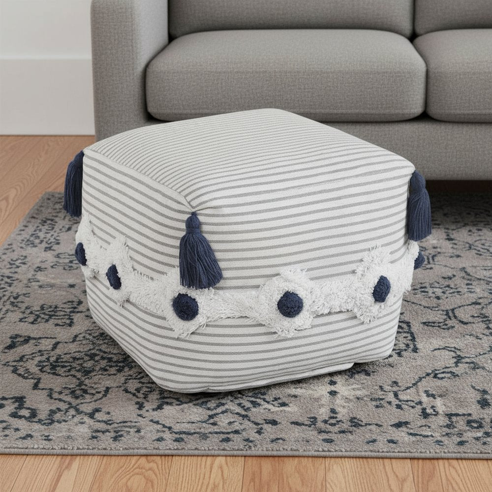 18" Gray Cotton Striped Pouf Ottoman