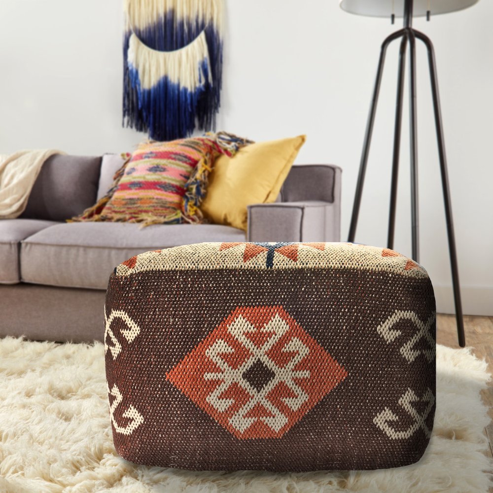18" Brown Tribal Pouf Ottoman
